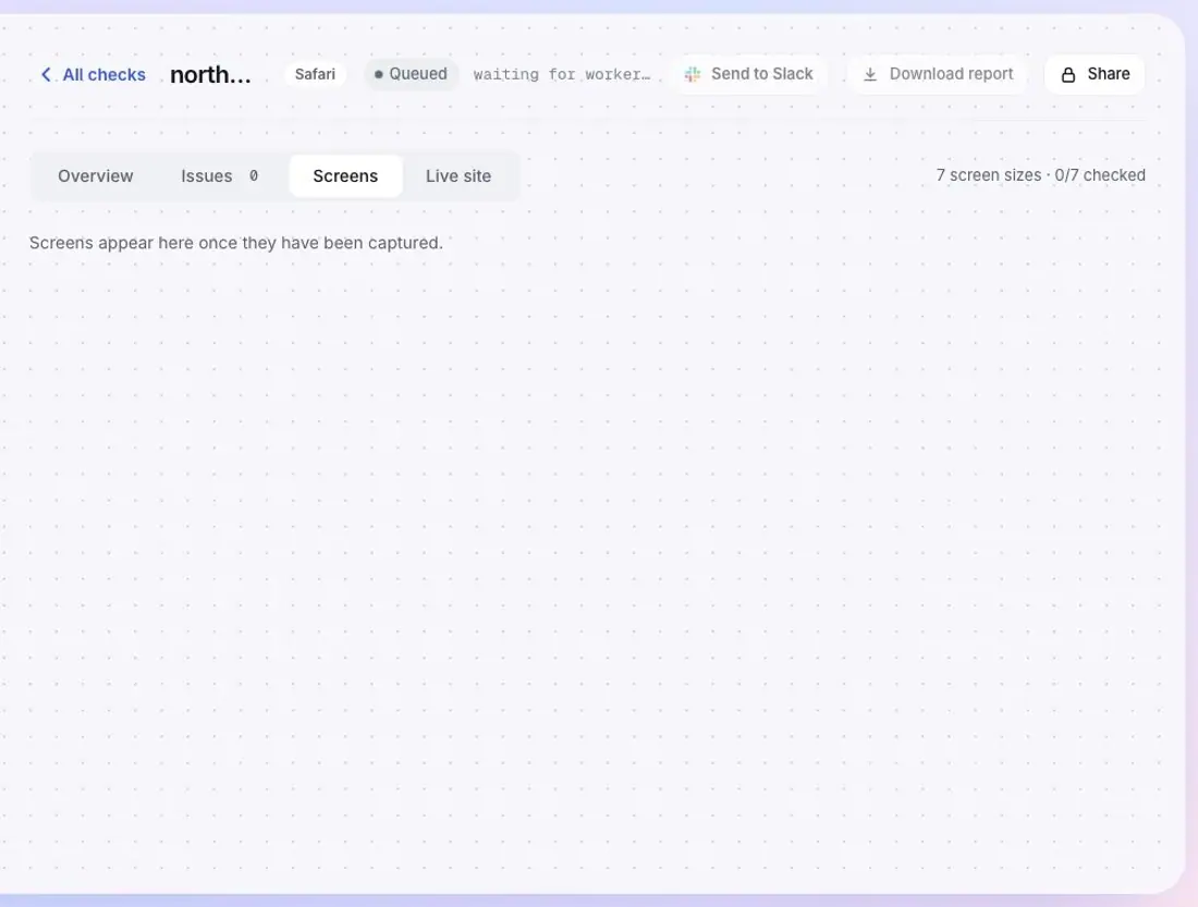 A real UICheck check in Safari: screenshots of every screen size appear live, with cut-off text and overlapping buttons outlined